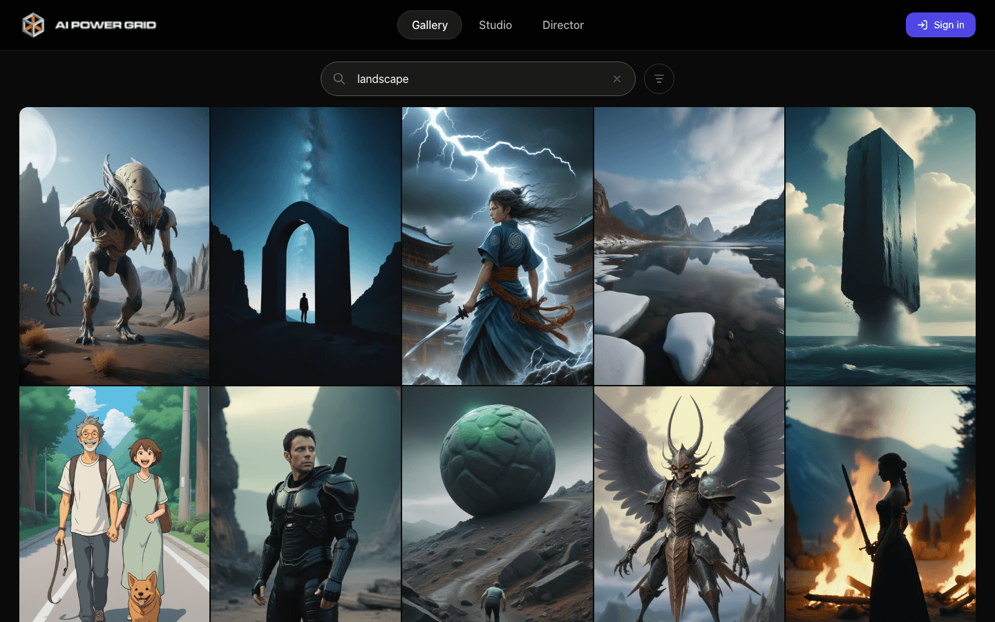 AIPG gallery preview showing the live gallery and landscape search results